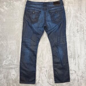 True Religion Geno Mens Dark Wash Straight Leg Horseshoe Flap Pocket Jeans 38x33